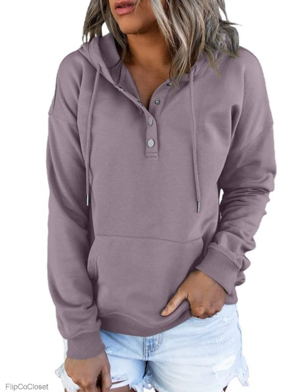 Women's Oversized Drawstring Hoodie Button V Neck Kangaroo Pocket Sweatshirt